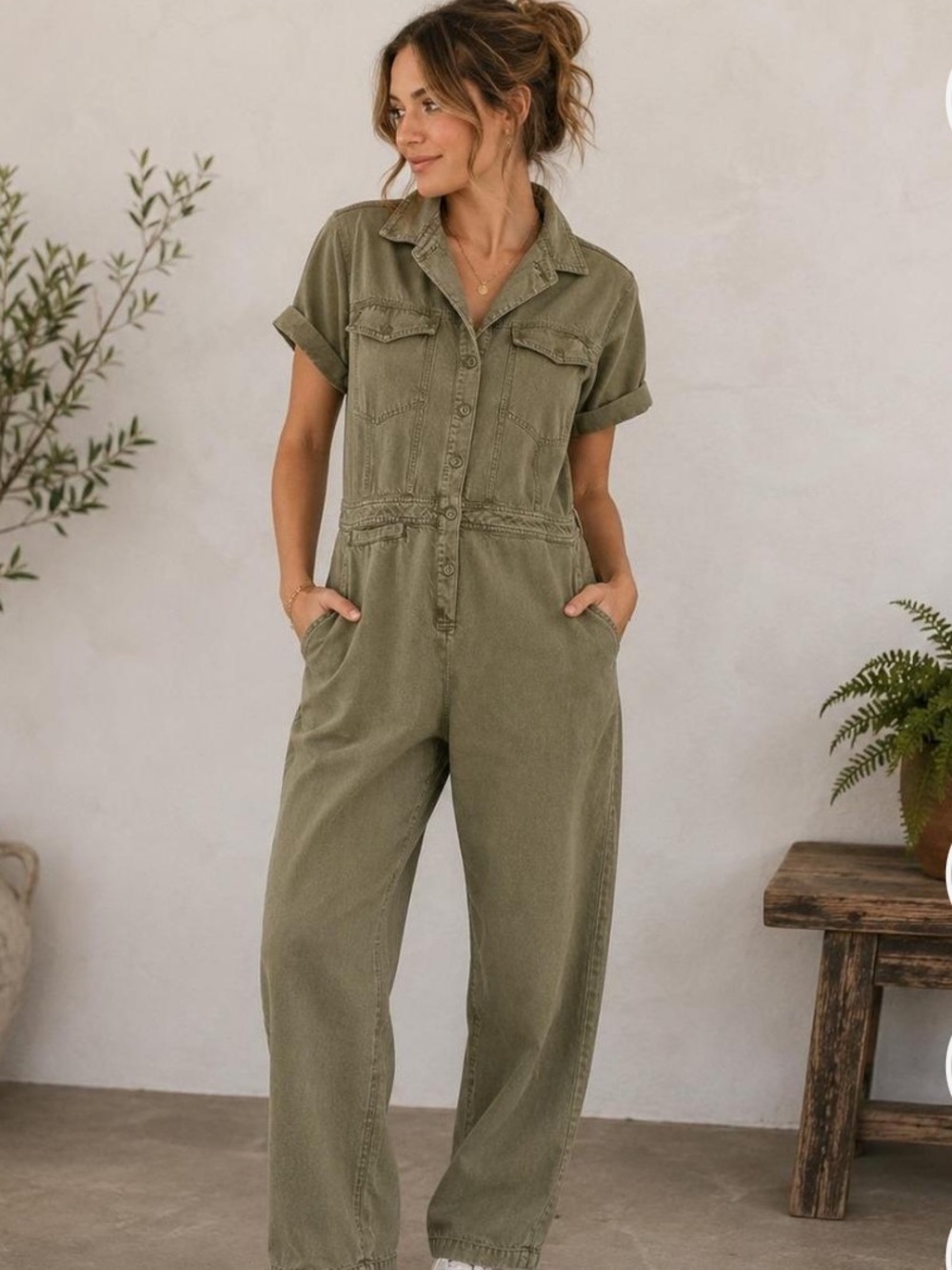 YFB  Olive Utility M  Short-Sleeve Jumpsuit